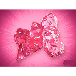 CHX23084 Pink Translucent Dice with White Numbers 16mm (5/8in) Set of 7 (ONLINE ORDER ONLY)