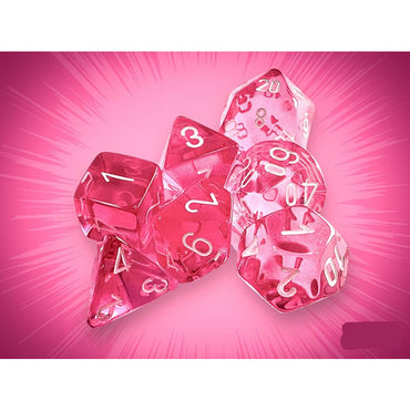 CHX23084 Pink Translucent Dice with White Numbers 16mm (5/8in) Set of 7 (ONLINE ORDER ONLY)