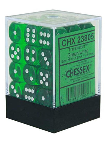 Chessex Translucent Green/White 12MM D6 Dice Block (36 dice)