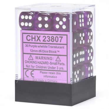 Chessex Translucent Purple/White 12MM D6 Dice Block (36 dice)
