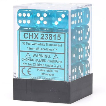 Chessex Translucent Teal/White 12MM D6 Dice Block (36 dice)