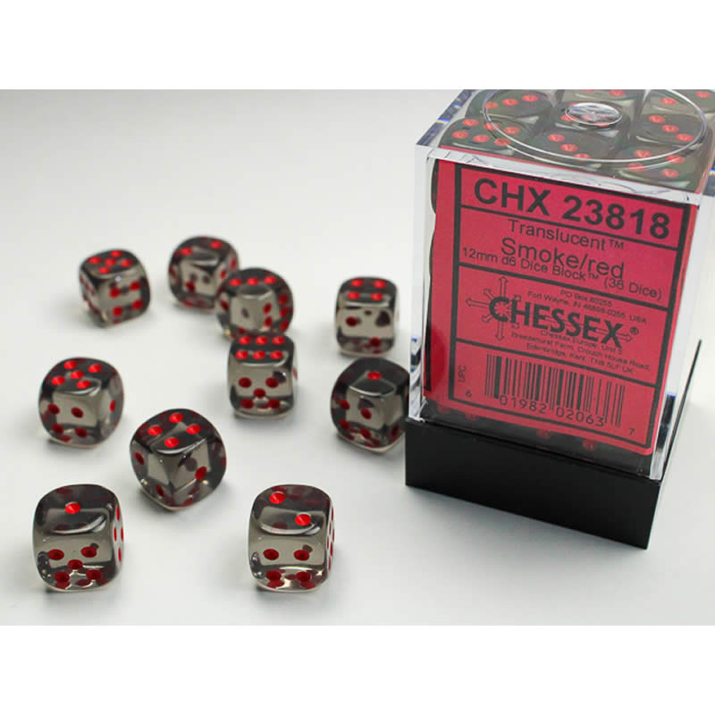 CHX23818 Smoke Translucent D6 Dice Red Pips 12mm Pack of 36 (ONLINE ORDER ONLY)