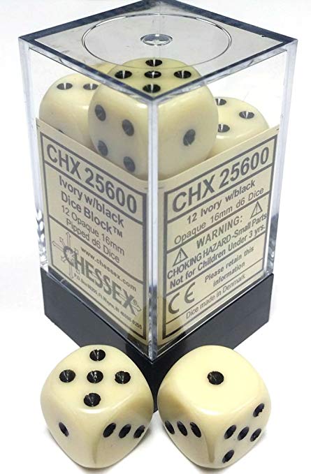 Chessex Opaque Ivory/Black 16MM D6 Dice Block (12 dice)
