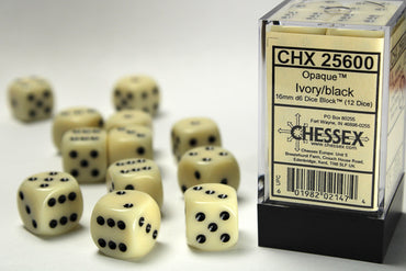 Chessex Opaque Ivory/Black 16MM D6 Dice Block (12 dice)