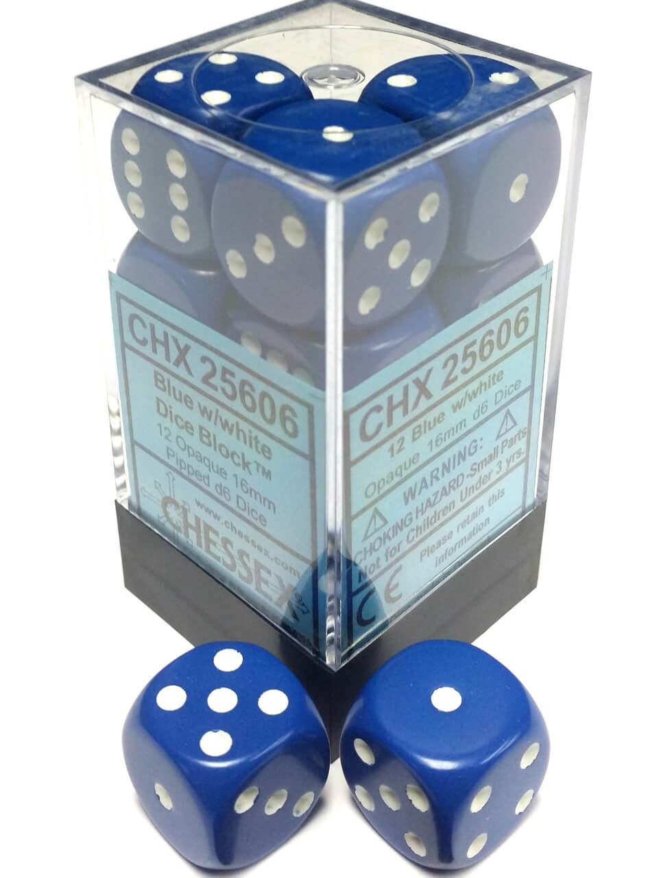 Chessex Opaque Blue/White 16MM D6 Dice Block (12 dice)
