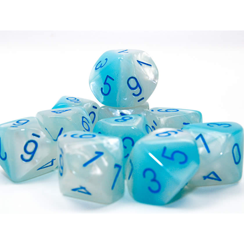 CHX26265 Pearl Turquoise and White Gemini Luminary Dice Blue Numbers D10 16mm (5/8in) Pack of 10 Dice (ONLINE ORDER ONLY)