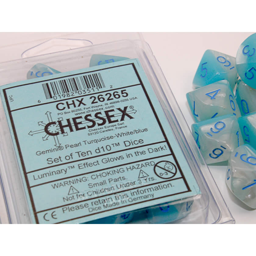 CHX26265 Pearl Turquoise and White Gemini Luminary Dice Blue Numbers D10 16mm (5/8in) Pack of 10 Dice (ONLINE ORDER ONLY)