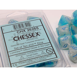 CHX26265 Pearl Turquoise and White Gemini Luminary Dice Blue Numbers D10 16mm (5/8in) Pack of 10 Dice (ONLINE ORDER ONLY)