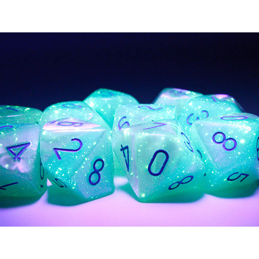 CHX26265 Pearl Turquoise and White Gemini Luminary Dice Blue Numbers D10 16mm (5/8in) Pack of 10 Dice (ONLINE ORDER ONLY)