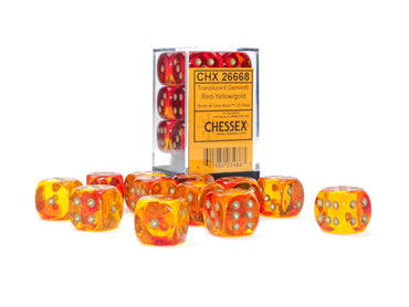 Chessex Gemini Translucent Red-Yellow/Gold 16MM D6 Dice Block (12 dice)