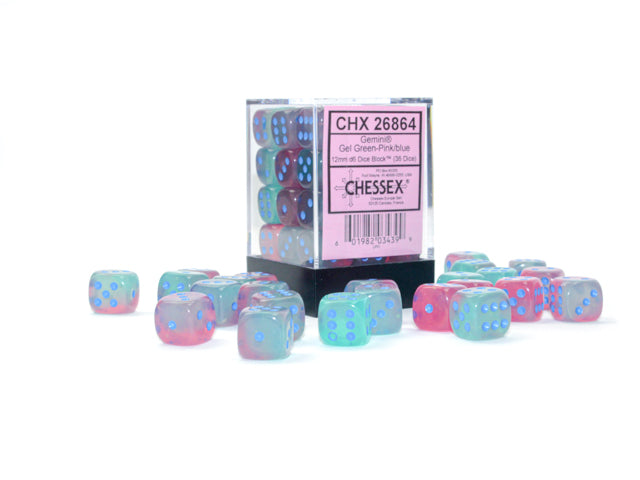 Chessex Gemini Gel Green-Pink/Blue Luminary 12MM D6 Dice Block (36 dice)