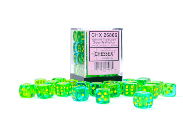 Chessex Gemini Translucent Green-Teal/Yellow 12MM D6 Dice Block (36 dice)