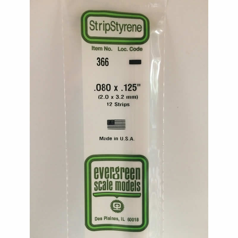 EVG366 Styrene Dimensional Strips .080in x .125in x 24in (12) Evergreen (ONLINE ORDER ONLY)