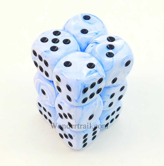 KOP08590 Blue Swirl Deluxe Dice Black Pips D6 16mm (5/8in) Pack of 12 (ONLINE ORDER ONLY)