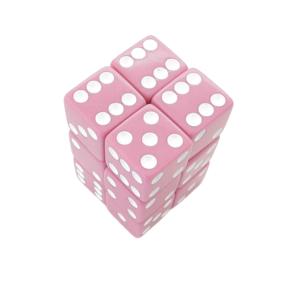KOP08629 Pink Opaque Dice with White Pips D6 16mm (5/8in) Pack of 12 Dice (ONLINE ORDER ONLY)