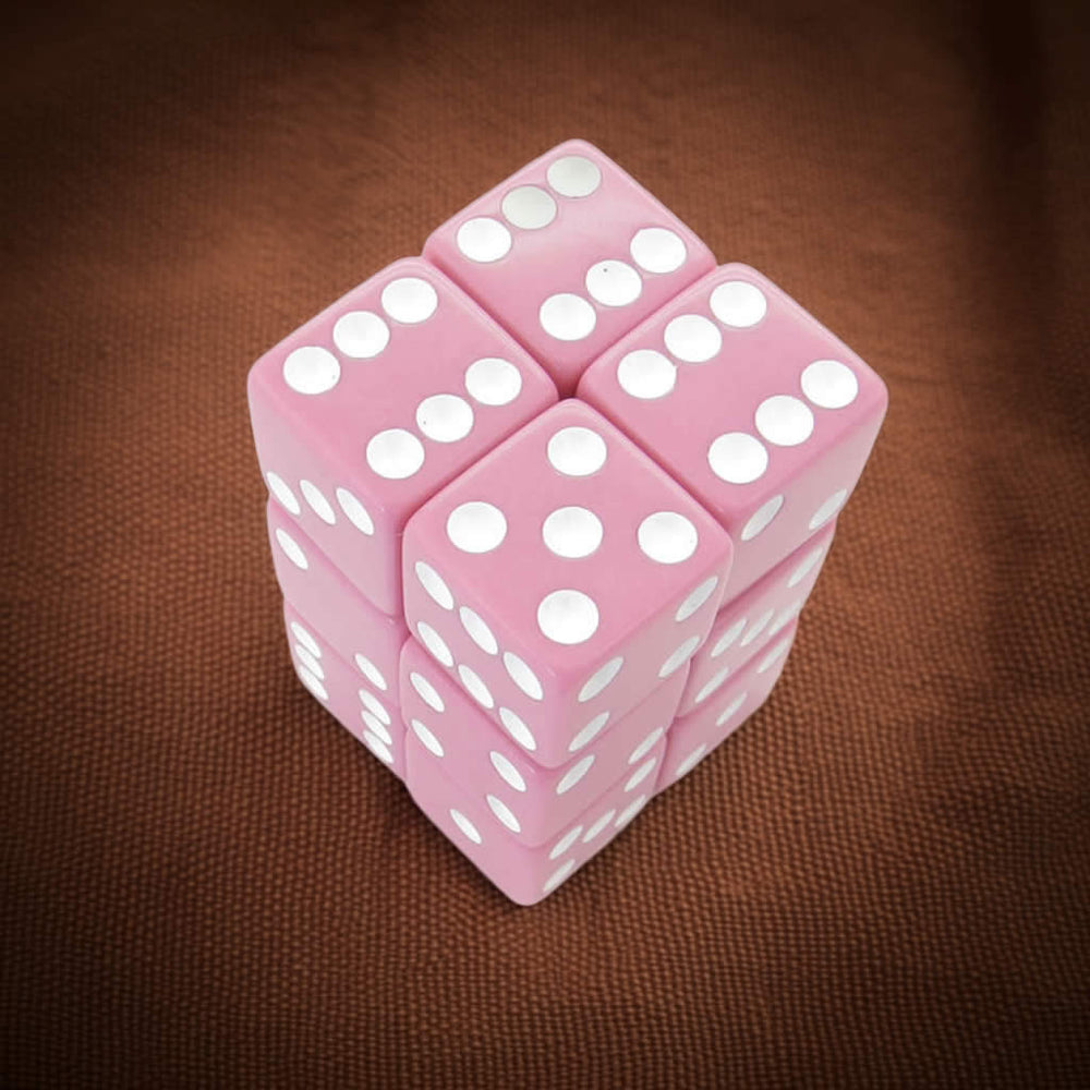 KOP08629 Pink Opaque Dice with White Pips D6 16mm (5/8in) Pack of 12 Dice (ONLINE ORDER ONLY)