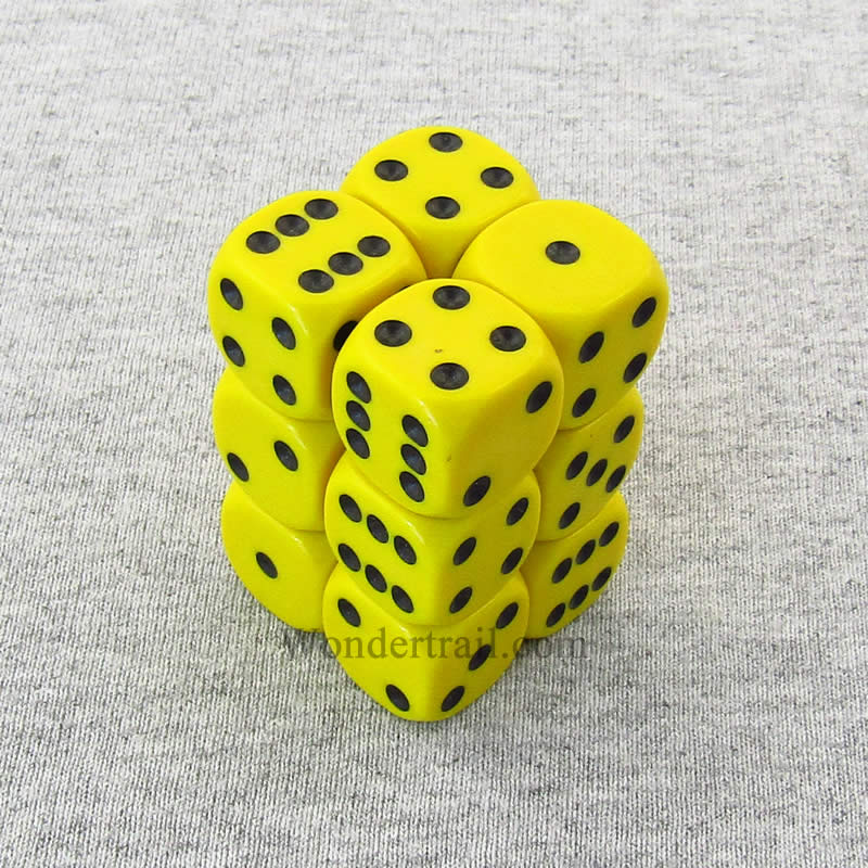 KOP11003 Yellow Opaque Dice with Black Pips D6 16mm (5/8in) Pack of 12 (ONLINE ORDER ONLY)