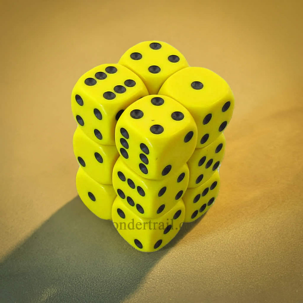 KOP11003 Yellow Opaque Dice with Black Pips D6 16mm (5/8in) Pack of 12 (ONLINE ORDER ONLY)