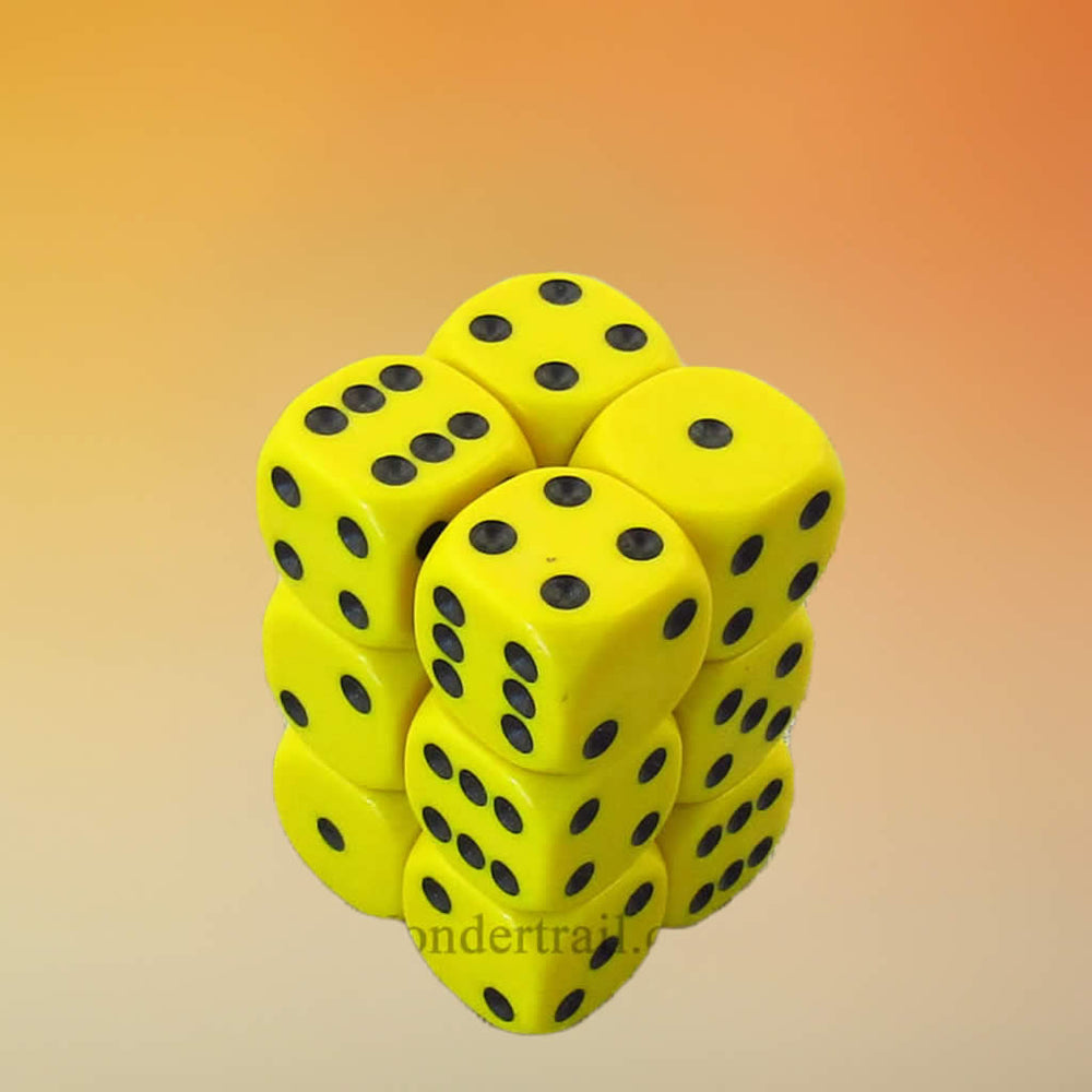 KOP11003 Yellow Opaque Dice with Black Pips D6 16mm (5/8in) Pack of 12 (ONLINE ORDER ONLY)