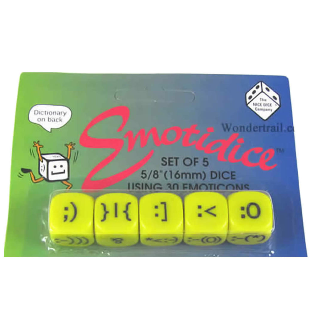 KOP11779 Emotidice Yellow Dice Black Emoticons D6 16mm (5/8in) Pack of 5 (ONLINE ORDER ONLY)