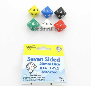 KOP18078 Assorted Color Dice D14 Colored Numbers 1-7 Twice 20mm Pack of 6 (ONLINE ORDER ONLY)