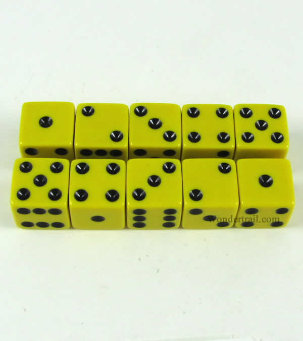 KOP18348 Yellow Opaque Dice with Black Pips D6 16mm (5/8) Set of 10 (ONLINE ORDER ONLY)