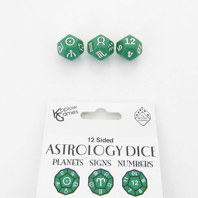 KOP19072 Green Astrology Dice Planets and Signs and Numbers Pack of 3 (ONLINE ORDER ONLY)