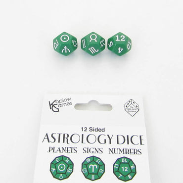KOP19072 Green Astrology Dice Planets and Signs and Numbers Pack of 3 (ONLINE ORDER ONLY)