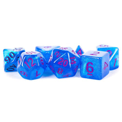 MET176 Stardust Blue Resin Dice with Purple Numbers 16mm (5/8in) 7-Dice Set (ONLINE ORDER ONLY)