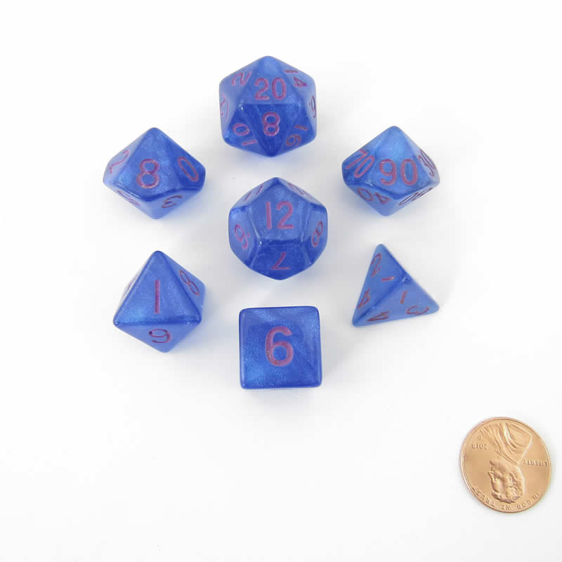 MET176 Stardust Blue Resin Dice with Purple Numbers 16mm (5/8in) 7-Dice Set (ONLINE ORDER ONLY)