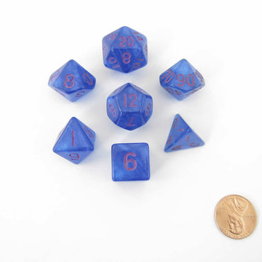 MET176 Stardust Blue Resin Dice with Purple Numbers 16mm (5/8in) 7-Dice Set (ONLINE ORDER ONLY)