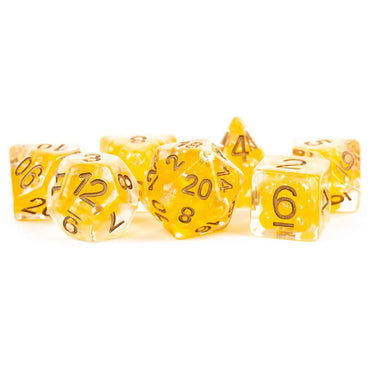 MET696 Citrine Pearl Resin Dice with Copper Colored Numbers 16mm (5/8in) 7 Dice Set (ONLINE ORDER ONLY)