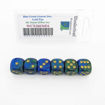 WCX26636E6 Blue Green Gemini Dice Gold Pips D6 16mm Pack of 6 (ONLINE ORDER ONLY)