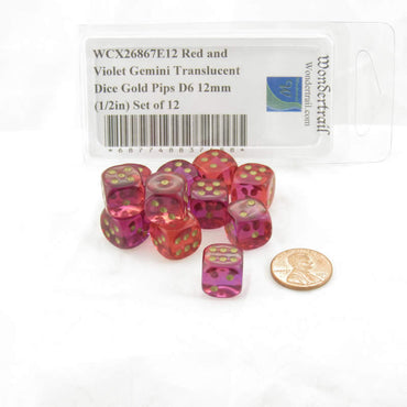 WCX26867E12 Red and Violet Gemini Translucent Dice Gold Pips D6 12mm (1/2in) Set of 12 (ONLINE ORDER ONLY)