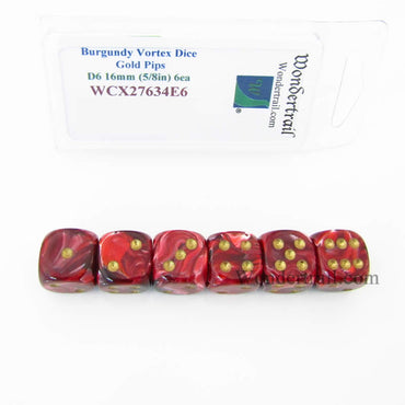 WCX27634E6 Burgundy Vortex Dice Gold Pips 16mm D6 Set of 6 (ONLINE ORDER ONLY)