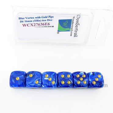 WCX27636E6 Blue Vortex Dice Gold Pips 16mm (5/8in) D6 Set of 6 (ONLINE ORDER ONLY)
