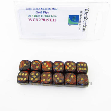 WCX27819E12 Blue Blood Scarab Dice with Gold Pips 12mm D6 Pack of 12 (ONLINE ORDER ONLY)