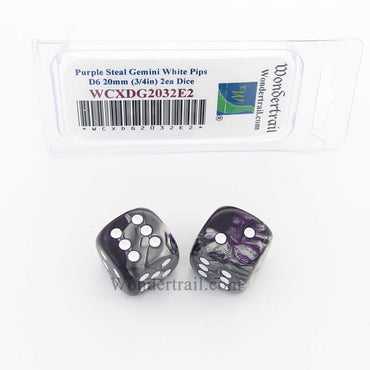 WCXDG2032E2 Purple Steal Gemini Dice White Pips 20mm D6 Pack of 2 (ONLINE ORDER ONLY)