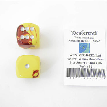 WCXDG3050EE2 Red Yellow Gemini Dice Silver Pips 30mm (1.18in) D6 Pack of 2 (ONLINE ORDER ONLY)