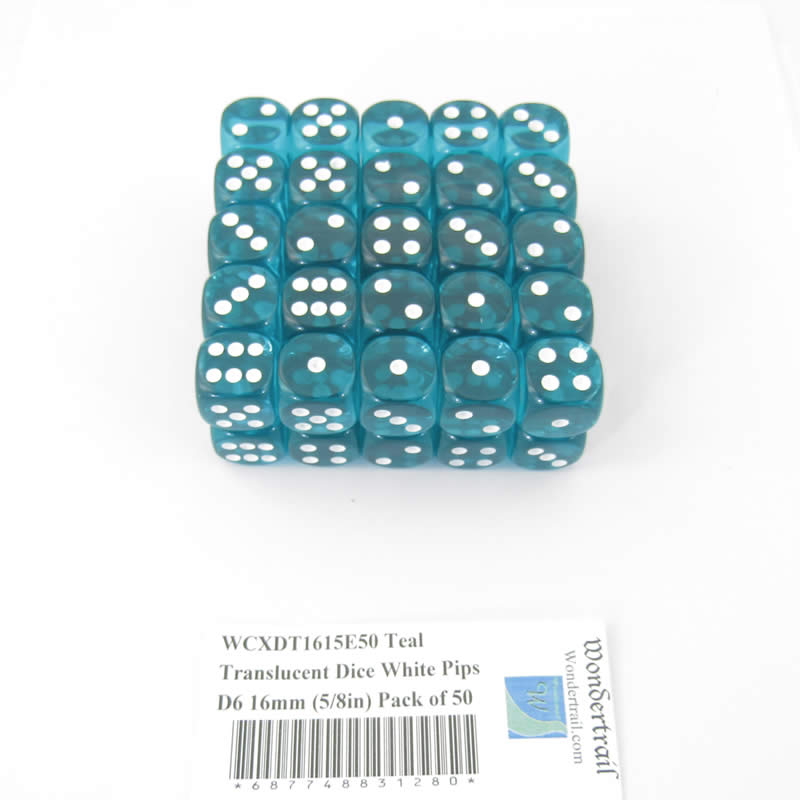 WCXDT1615E50 Teal Translucent Dice White Pips D6 16mm (5/8in) Pack of 50 (ONLINE ORDER ONLY)
