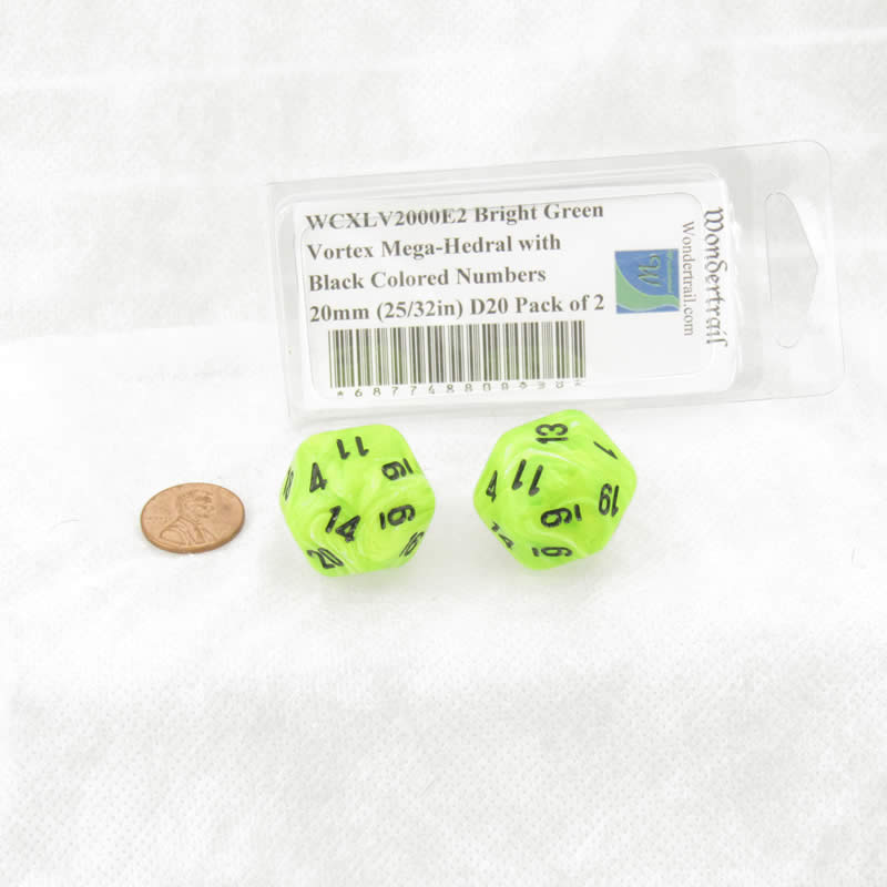 WCXLV2000E2 Bright Green Vortex Mega-Hedral with Black Colored Numbers 20mm (25/32in) D20 Pack of 2 (ONLINE ORDER ONLY)