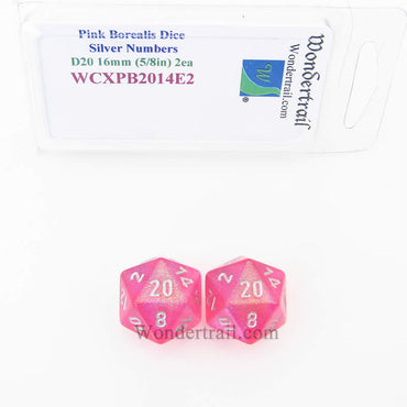 WCXPB2014E2 Pink Borealis Dice Silver Numbers D20 16mm Pack of 2 (ONLINE ORDER ONLY)
