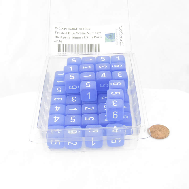 WCXPF0606E50 Blue Frosted Dice White Numbers D6 Aprox 16mm (5/8in) Pack of 50 (ONLINE ORDER ONLY)