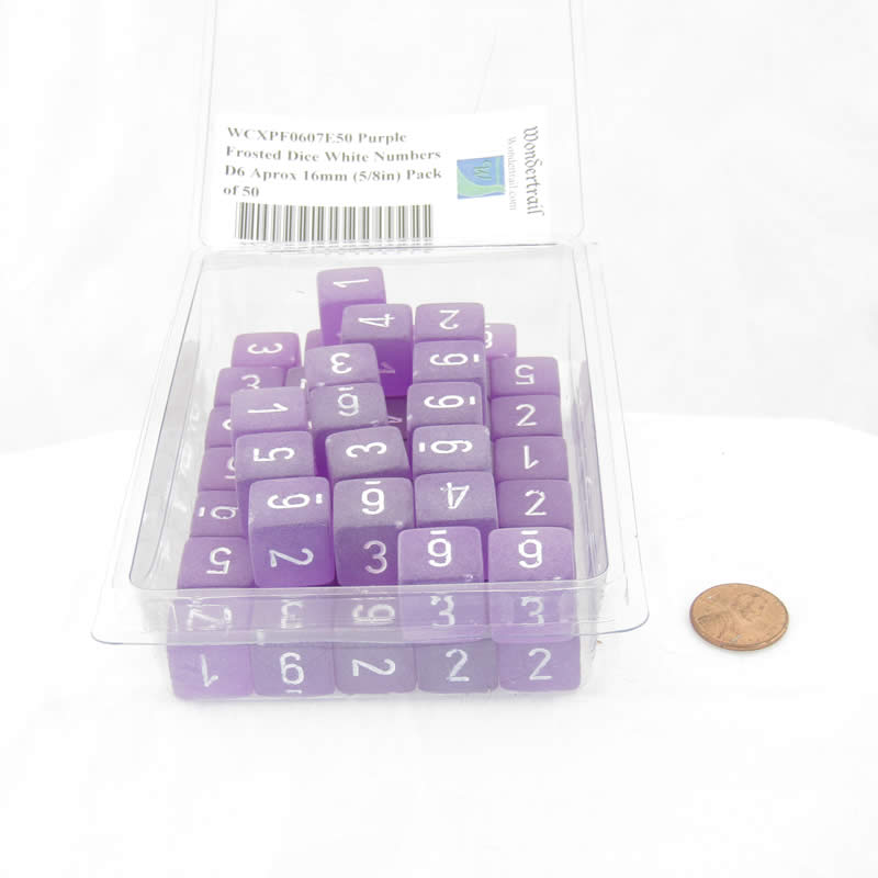 WCXPF0607E50 Purple Frosted Dice White Numbers D6 Aprox 16mm (5/8in) Pack of 50 (ONLINE ORDER ONLY)