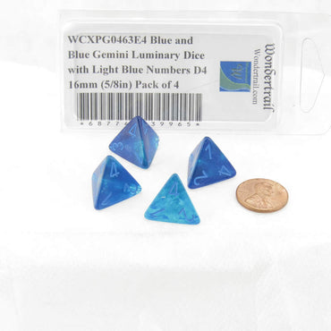 WCXPG0463E4 Blue and Blue Gemini Luminary Dice with Light Blue Numbers D4 16mm (5/8in) Pack of 4 (ONLINE ORDER ONLY)