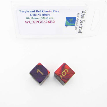 WCXPG0626E2 Purple Red Gemini Dice Gold Numbers D6 16mm Pack of 2 (ONLINE ORDER ONLY)