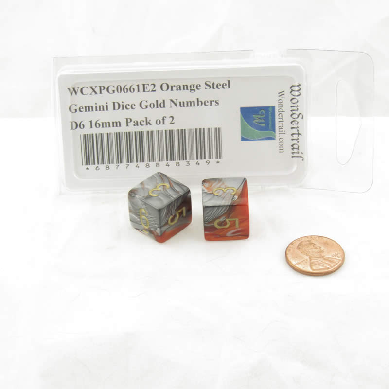 WCXPG0661E2 Orange Steel Gemini Dice Gold Numbers D6 16mm Pack of 2 (ONLINE ORDER ONLY)