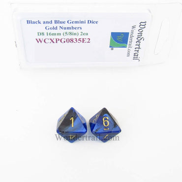 WCXPG0835E2 Black Blue Gemini Dice Gold Numbers D8 16mm Pack of 2 (ONLINE ORDER ONLY)