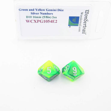 WCXPG1054E2 Green Yellow Gemini Dice Silver Numbers D10 16mm Pack of 2 (ONLINE ORDER ONLY)