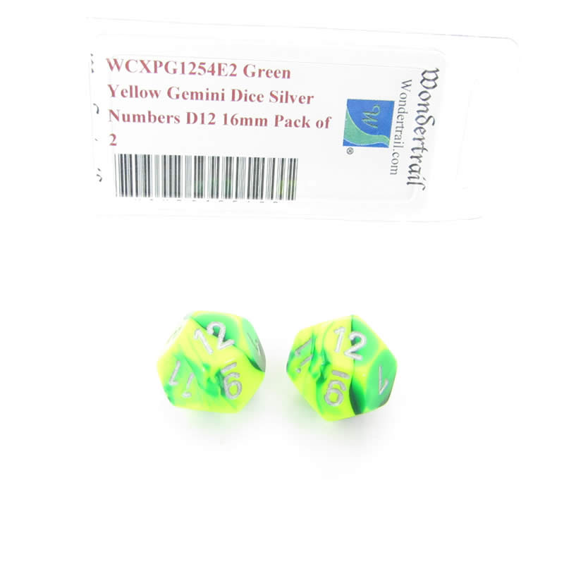 WCXPG1254E2 Green Yellow Gemini Dice Silver Numbers D12 16mm Pack of 2 (ONLINE ORDER ONLY)